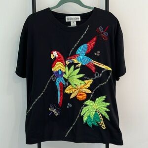 Vintage 90s Victoria Woman 2X Tropical Parrot Beaded Vacation Black Top